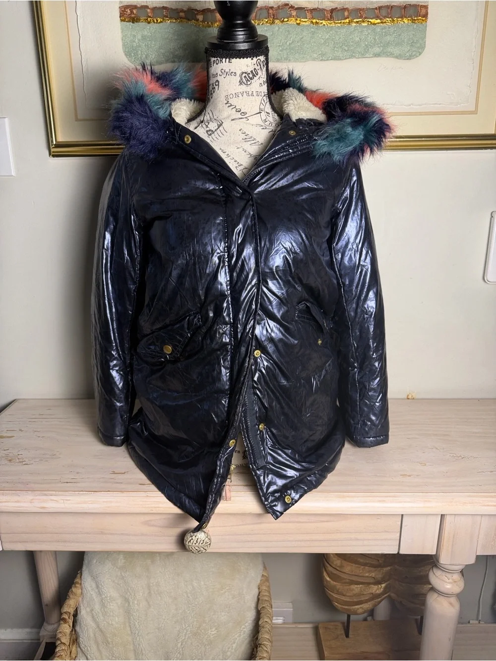 Crewcuts Metalic Navy Puffer Coat with Multicolor Faux-Fur Trim Hood